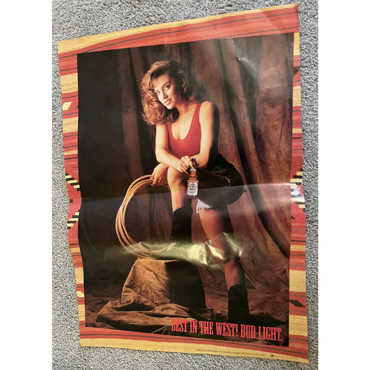VTG 1993 Bud Light Beer Poster Cowgirl Model Ad Anheuser Busch 20x28